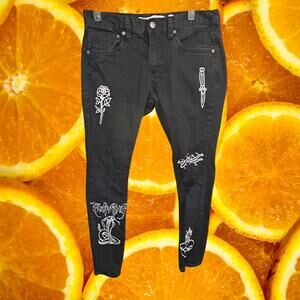 Broken Promises Men's Black Ultra Slim Stretch Wired White Graphic Jeans Size 30